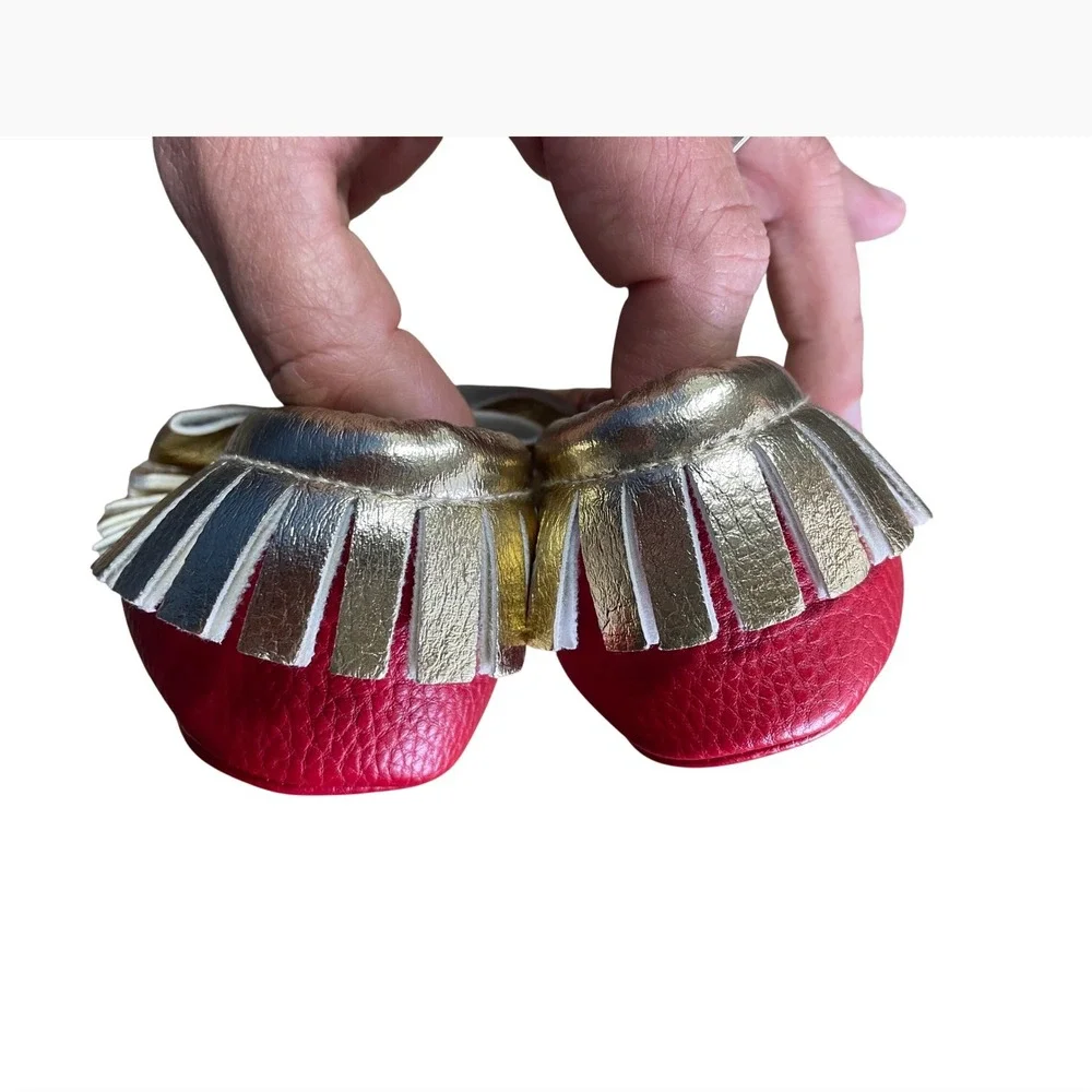 Romirus‎ Red Gold Leather Baby Moccasins Fringe Bow Soft Sole Shoes Size 3